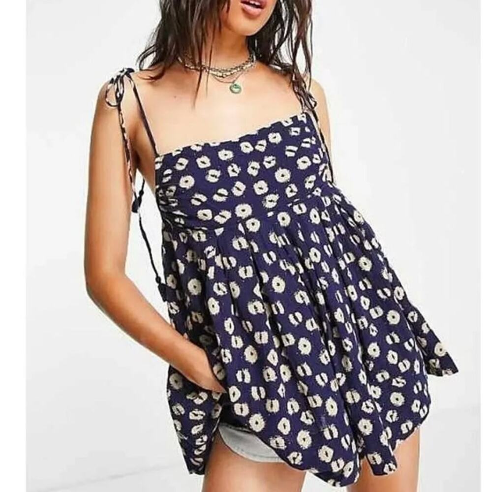 Free People Indigo Blue Printed Molly Pure Cotton & Modal Tassel Tank Tunic